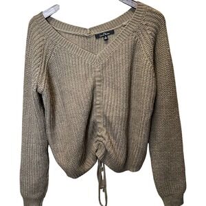 Love Tree Bohemian Knit Sweater Taupe V Neck Cinched Drawstring Cropped Sleeve S